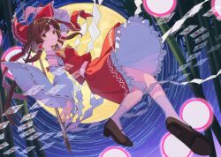 1girl :| absurdres bamboo bamboo_forest black_shoes bow brown_eyes brown_hair chest_sarashi closed_mouth collar danmaku detached_sleeves flying forest frilled_bow frilled_collar frilled_ribbon frilled_skirt frills full_moon gohei hair_bow hair_tubes hakurei_reimu hand_up highres holding holding_gohei mary_janes midriff_peek moon nature night night_sky nyaabun ofuda red_bow red_ribbon red_shirt red_skirt ribbon sarashi shirt shoes skirt sky socks solo star_trail touhou transparent white_collar white_sleeves white_socks