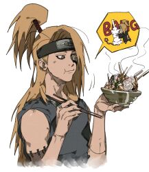 Rule 34 | 1boy, blonde hair, blue eyes, chasenmage, chopsticks, deidara (naruto), dong2taku, eating, forehead protector, highres, holding, holding chopsticks, iwagakure symbol, jewelry, long hair, male focus, motoyui, naruto (series), naruto shippuuden, ring, simple background, stitches, white background