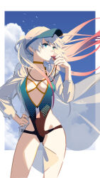 1girl aqua_eyes breasts closed_mouth cloud cloudy_sky commentary cowboy_shot girls&#039;_frontline girls&#039;_frontline_neural_cloud gradient_hair hand_on_own_hip highres holding holding_whistle jacket lam_(holiday_angler)_(neural_cloud) lam_(neural_cloud) long_hair lwmmg_(girls&#039;_frontline) multicolored_hair official_alternate_costume one-piece_swimsuit open_clothes open_jacket rff_(3_percent) see-through_clothes see-through_jacket simple_bird sketch sky solo swimsuit two-tone_hair visor_cap whistle whistle_around_neck