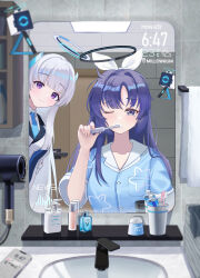 2girls absurdres astelia bathroom blue_archive blue_necktie blue_pajamas blush breasts cellphone closed_mouth collared_shirt drone faucet grey_hair hair_between_eyes halo highres holding holding_toothbrush indoors large_breasts long_hair mechanical_halo mirror multiple_girls necktie noa_(blue_archive) pajamas phone purple_eyes purple_hair shirt short_sleeves smartphone smile tile_wall tiles toothbrush toothbrush_in_mouth towel white_shirt yuuka_(blue_archive) yuuka_(pajamas)_(blue_archive)