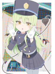 1girl absurdres black_hat black_jacket black_skirt blue_archive commentary cowboy_shot gloves green_hair hands_up hat highres hikari_(blue_archive) jacket kaki_xxx long_hair open_mouth pantyhose pointy_ears skirt solo white_gloves white_pantyhose yellow_eyes