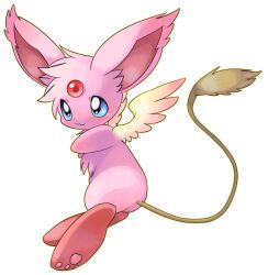 Rule 34 | :3, blue eyes, choko (sweetpocket), commentary, creature, creature focus, feathered wings, flying, forehead jewel, full body, looking to the side, no humans, original, outline, pawpads, pink fur, simple background, solo, white background, white wings, wings, yellow outline