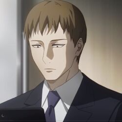 1boy blue_jacket brown_background brown_hair hirako_take jacket looking_to_the_side male_focus shirt short_hair tokyo_ghoul white_shirt