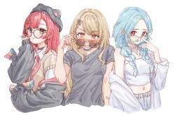 3girls animal_hat black_cardigan black_choker black_hat black_shirt blonde_hair blue_hair blush bow bowtie brown_sweater_vest cardigan cat_hat choker collared_shirt commentary_request crop_top cropped_torso earrings glasses hair_ornament hat highres jewelry kaminari_qpi long_hair looking_at_viewer multiple_girls navel necklace nekota_tsuna nekota_tsuna_(4th_costume) open_mouth orange_eyes red_bow red_bowtie red_hair shiranami_ramune shiranami_ramune_(4th_costume) shirt shorts sunglasses sweater_vest t-shirt teeth unongkong virtual_youtuber vspo! white_background white_shirt yellow_eyes