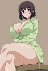 Rule 34 | 1girl, absurdres, black hair, blush, breasts, brown background, brown eyes, candy senpai, cleavage, coat, crossed legs, curvy, female focus, from below, highres, huge breasts, kotone shirakawa, large breasts, overflow (anime), short hair, simple background, sitting, smile, solo, thick thighs, thighs