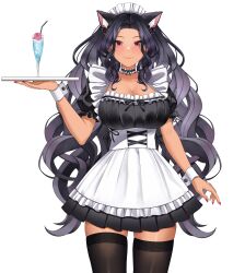 1girl absurdres animal_ear_fluff animal_ears apron black_bow black_dress black_hair black_thighhighs bow breasts cat_ears cat_girl closed_mouth collarbone dress drink drinking_straw ear_bell ear_bow highres holding holding_tray landacdeus large_breasts long_hair maid_headdress mole mole_on_breast mole_under_eye multiple_moles nijisanji nijisanji_en red_eyes red_nails scarle_yonaguni solo tan thighhighs transparent_background tray two-tone_nails virtual_youtuber white_apron white_nails white_wrist_cuffs wrist_cuffs
