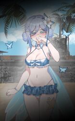 1girl absurdres arm_garter bare_shoulders bead_bracelet beads bikini black_survival blue_bikini blue_eyes blue_nails bracelet breasts bright_pupils cleavage colored_eyelashes covering_own_mouth day detached_collar double_bun eternal_return:_black_survival flower frilled_bikini frills grey_hair grin hahyaha hair_bun hair_flower hair_ornament half-closed_eyes halterneck hand_up highleg highleg_bikini highres jewelry long_hair low_wings medium_breasts nail_polish navel official_alternate_costume outdoors smile solo standing stomach string_bikini swimsuit thighs vanya_(black_survival) vanya_(summer_dream)_(black_survival) white_eyelashes wings
