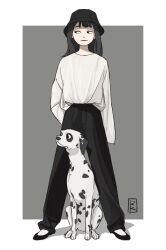 1girl animal arm_behind_back black_footwear black_hair black_headwear black_pants closed_mouth commentary dalmatian dog full_body grey_background hat highres kimura_731 legs_apart light_smile long_hair long_sleeves looking_to_the_side original outside_border pants shirt shirt_tucked_in shoes sideways_glance sleeves_past_fingers sleeves_past_wrists socks standing symbol-only_commentary white_shirt white_socks