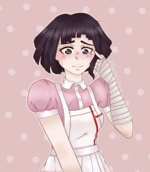 1girl alternate_hair_length alternate_hairstyle apron bandaged_arm bandages blush brown_eyes closed_mouth commentary danganronpa_(series) danganronpa_2:_goodbye_despair english_commentary eyelashes hand_in_own_hair highres instagram_username mole mole_under_eye pink_background pink_shirt polka_dot polka_dot_background purple_hair scarlet_brain shirt short_hair short_sleeves skirt solo tsumiki_mikan upper_body white_apron white_skirt