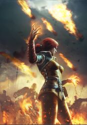 1girl banner battle battle_standard burning fiery_background fire fireball gwent_(game) highres non-web_source pants red_hair the_witcher_(series) the_witcher_3 triss_merigold war_banner
