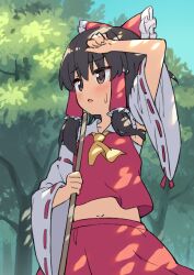 1girl ascot black_hair blue_sky blush bow brown_eyes commentary_request day detached_sleeves frilled_bow frilled_hair_tubes frills hair_bow hair_tubes hakurei_reimu highres hiyaya_(kochi_michikaze) holding long_hair midriff navel red_bow red_skirt ribbon-trimmed_sleeves ribbon_trim skirt skirt_set sky solo sweatdrop touhou tree yellow_ascot