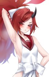1girl absurdres arm_up armpits blue_archive blush breasts crimecrime dress eyeliner hair_ribbon halo highres horns long_hair looking_at_viewer makeup parted_bangs ponytail red_eyes red_hair red_sailor_collar renge_(blue_archive) ribbon sailor_collar sideless_outfit single_horn small_breasts solo white_dress