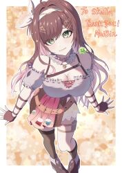 1girl absurdres animal animal_on_shoulder artist_name asymmetrical_legwear belt breasts brown_belt brown_gloves brown_hair cleavage closed_mouth fingerless_gloves flask fortissimo gloves green_eyes hair_ornament highres indie_virtual_youtuber long_hair meibin miori_celesta musical_note musical_note_hair_ornament pleated_skirt second-party_source shoes skirt star_(symbol) star_in_eye symbol_in_eye thank_you thighhighs virtual_youtuber