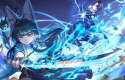 1boy 1girl absurdres animal_ear_fluff animal_ears aqua_jacket asaba_harumasa azukimaru black_hair black_necktie bow_(weapon) collared_shirt eyeball fingerless_gloves fire fox_ears fox_girl gloves headband highres holding holding_bow_(weapon) holding_sword holding_weapon hoshimi_miyabi jacket katana long_hair necktie red_eyes shirt short_hair single_fingerless_glove sword tailless_(zenless_zone_zero) weapon white_shirt yellow_eyes yellow_headband zenless_zone_zero