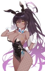 1girl absurdres ahoge animal_ears bad_id bad_twitter_id bare_shoulders black_hair black_leotard blue_archive blue_bow blue_bowtie blue_ribbon blush bow bowtie breasts cleavage closed_mouth collarbone cowboy_shot cup curvy dark-skinned_female dark_skin detached_collar fake_animal_ears fishnet_pantyhose fishnets gloves hair_between_eyes halo highleg highleg_leotard highres holding holding_cup holding_plate karin_(blue_archive) karin_(bunny)_(blue_archive) large_breasts leotard long_hair looking_at_viewer official_alternate_costume pantyhose plate playboy_bunny pn_(wnsl216) ponytail pouring pouring_onto_self rabbit_ears ribbon sidelocks simple_background solo standing strapless strapless_leotard sweatdrop thong_leotard traditional_bowtie very_long_hair white_background white_gloves wide_hips wrist_cuffs yellow_eyes