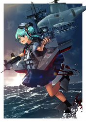 1girl adapted_turret arm_up blue_hair blue_sailor_collar blue_skirt commentary_request dixie_cup_hat double_bun drone hair_bun hat hat_ribbon highres kantai_collection leg_up looking_at_viewer military_hat name_connection neckerchief ocean open_mouth ribbon rigging rudder_footwear sailing sailor_collar samuel_b._roberts_(kancolle) short_hair skirt sky sleeve_cuffs solo timmyyen uss_samuel_b._roberts_(ffg-58)