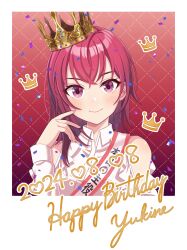 1girl 2024 absurdres artist_request bare_shoulders border closed_mouth confetti crown dress english_text gionji_yukine happy_birthday highres long_sleeves medium_hair official_art outside_border red_background red_eyes red_hair shine_post smile solo tasuki upper_body white_border white_dress