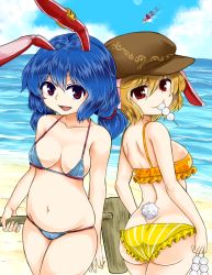 3girls :d adapted_costume afterimage animal_ears arm_at_side arm_behind_back arm_up arms_at_sides ass back back-to-back bad_id bad_pixiv_id bare_arms bare_shoulders beach bikini blonde_hair blue_hair blue_sky breasts collarbone cowboy_shot dango day dimples_of_venus dress earclip eating flat_cap floppy_ears food gluteal_fold groin hair_between_eyes hat holding holding_food jacket kine kishin_sagume large_breasts long_hair looking_at_viewer looking_back mallet medium_breasts micro_bikini mouth_hold multiple_girls navel ocean open_clothes open_jacket open_mouth outdoors purple_dress rabbit_ears red_eyes ringo_(touhou) seiran_(touhou) short_hair shoulder_blades sideboob single_wing skindentation sky smile stomach swimsuit touhou twintails upside-down wagashi white_wings wings zetsumame