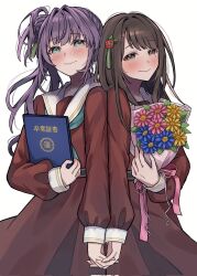 Rule 34 | 2girls, animification, aqua neckerchief, blue flower, blunt bangs, blush, bouquet, brown dress, brown eyes, brown hair, closed mouth, commentary request, diploma, diploma folder, dress, flower, flower stand art, folder, green eyes, hair bun, hair flower, hair ornament, hanamiya nina, hasu no sora school uniform, highres, holding, holding bouquet, holding diploma, holding folder, holding hands, interlocked fingers, lilac (li lac 3), link! like! love live!, long hair, long sleeves, looking at viewer, love live!, multiple girls, neckerchief, otomune kozue, pink flower, purple hair, real life, red flower, sailor collar, sailor dress, school uniform, second-party source, side ponytail, sidelocks, simple background, single side bun, smile, tassel, tassel hair ornament, tears, virtual graduation commemoration, virtual youtuber, voice actor, white background, white sailor collar, winter uniform, yellow flower