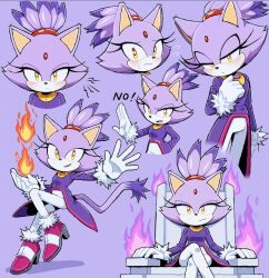1girl ai-assisted artistic_error bad_anatomy bad_hands blaze_the_cat blush boots fire forehead_jewel gloves highres pants pink_boots pink_fur shio_(zsp1jqohfr12495) sitting_on_throne smile sonic_(series) white_gloves white_pants wrong_hand yellow_eyes