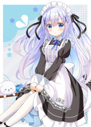 1girl absurdres apron black_bow black_dress blue_eyes blue_hair blue_ribbon blush bow broken_heart center_frills child closed_mouth commentary dress feet_out_of_frame frilled_dress frills gochuumon_wa_usagi_desu_ka? hair_bow hair_ornament heart highres juliet_sleeves kafuu_chino long_hair long_sleeves looking_at_viewer maid maid_apron maid_headdress neck_ribbon puffy_sleeves ribbon ryoutan sitting solo star_(symbol) thighhighs two_side_up very_long_hair white_thighhighs x_hair_ornament