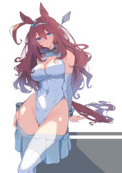 Rule 34 | 1girl, absurdres, ahoge, animal ears, arm support, bare shoulders, blue eyes, blush, breasts, brown hair, check commentary, cleavage, cleavage cutout, clothes pull, clothing cutout, commentary request, covered navel, curvy, detached sleeves, double-parted bangs, ear ornament, floating headgear, grey skirt, grey sleeves, groin, hair between eyes, hairband, headgear, highleg, highleg leotard, highres, hip dips, horse ears, horse girl, horse tail, huge ahoge, impossible clothes, impossible leotard, large breasts, leotard, long hair, looking at viewer, metal hairband, mihono bourbon (umamusume), miniskirt, narrow waist, partially undressed, sitting, skin tight, skirt, skirt pull, sleeve cuffs, sleeveless, solo, surprised, tail, umamusume, undressing, white background, white leotard, wide hips, yuuri (sinjitu-no-yukue)