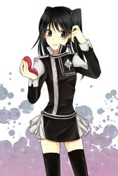 1girl belt black_eyes black_hair black_jacket black_order_uniform black_skirt black_thighhighs blush collared_jacket colorful_background compact_(cosmetics) cosmetics cross d.gray-man emblem feet_out_of_frame grey_background hair_between_eyes hand_in_own_hair holding_compact jacket kiito lenalee_lee lipgloss long_hair looking_at_viewer looking_to_the_side miniskirt paint_splatter pink_background pleated_skirt sidelocks skirt solo sparkle splatter striped_clothes striped_jacket striped_skirt thighhighs thighs twintails vertical-striped_clothes vertical-striped_jacket vertical-striped_skirt white_background zettai_ryouiki