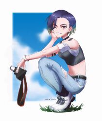 1girl armband bare_shoulders black_armband black_choker blue_hair bob_cut breasts brown_eyes camera choker collarbone crop_top denim gradient_hair grey_shirt grin highres holding holding_camera jeans liam_(lhzur) loose_hair_strand medium_breasts midriff multicolored_hair nintendo off-shoulder_shirt off_shoulder one_eye_closed pants perrin_(pokemon) pokemon pokemon_sv ribbed_shirt shirt shoes short_hair sleeveless sleeveless_shirt smile squatting undershirt v-neck watch white_shoes wristwatch