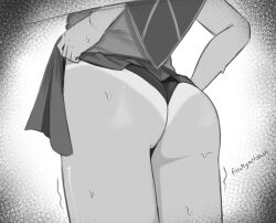 1girl artist_name ass ass_focus close-up clothes_lift freaky-san from_behind greyscale lifting_own_clothes monochrome original skirt skirt_lift solo sweat tan tanline thighs