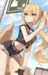 1girl absurdres ahoge belt black_belt black_gloves black_shirt black_shorts blonde_hair blue_sky blush breasts cleavage cloud cutoffs day gloves highres hitchhiking leaning_forward luciana_de_montefio medium_breasts messy_hair midriff navel outdoors parted_lips revision shirt short_shorts shorts side_ponytail sign single_glove sky solo suumon sweat thumbs_up torn_clothes torn_shirt zenless_zone_zero