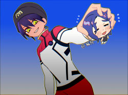1boy 1girl beanie black_hat blue_background blue_hair blush chibi chinese_commentary closed_eyes commentary_request dark-skinned_female dark_skin gradient_background grin gundam gundam_gquuuuuux hat head_grab highres kkdxd mecha_pilot_suit mini_person miniboy nyaan_(gundam_gquuuuuux) open_mouth purple_hair short_hair shuji_ito smile yellow_eyes