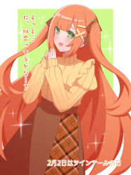 Rule 34 | 1girl, :d, absurdres, alternate costume, blunt bangs, blush, brown skirt, flying sweatdrops, green background, green eyes, hair ornament, highres, kingdom hearts, kingdom hearts x, long hair, long skirt, long sleeves, looking at viewer, open mouth, orange hair, orange sweater, own hands together, plaid clothes, plaid skirt, pleated skirt, ribbed sweater, ribbon, skirt, smile, solo, sparkle, steepled fingers, strelitzia (kingdom hearts), sweater, translation request, two-tone background, two side up, very long hair, w3n6ev, white background, x hair ornament, yellow nails