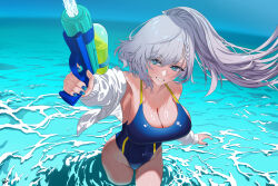1girl blue_eyes blue_one-piece_swimsuit blush braid braided_bangs breasts covered_navel grey_hair highleg highres hololive hololive_indonesia large_breasts long_hair looking_at_viewer navel ocetee one-piece_swimsuit open_mouth pavolia_reine smile solo swimsuit virtual_youtuber