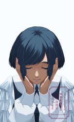 1girl absurdres blue_hair closed_eyes closed_mouth collared_shirt commentary_request dundunerdunest facing_viewer frilled_shirt frills fukurai_azami hands_on_own_cheeks hands_on_own_face hands_up highres long_sleeves puffy_sleeves shirt short_hair simple_background smile solo toshi_densetsu_kaitai_center upper_body white_background white_shirt