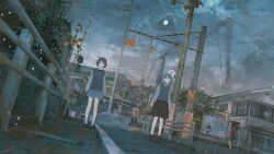 Rule 34 | 2girls, absurdres, ahoge, arms at sides, banishment, black shoes, black skirt, blue skirt, boom barrier, brown eyes, brown hair, brown shoes, bush, chain-link fence, cloud, cloudy sky, collared shirt, dutch angle, fence, highres, house, kaiju, leaf, light rays, loafers, long sleeves, medium skirt, mirror, multiple girls, original, outdoors, plaid clothes, plaid skirt, pleated skirt, poster (object), power lines, railing, railroad crossing, road, road sign, scenery, school uniform, shirt, shoes, sign, signature, skirt, sky, socks, solo, standing, sweater vest, tree, utility pole, white shirt, white socks, window