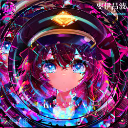 1girl absurdres artist_name black_hat blue_archive closed_mouth colorful commentary dot_mouth hat heart heart_in_eye highres iroha_(blue_archive) kiriaina looking_at_viewer peaked_cap red_hair solo symbol_in_eye
