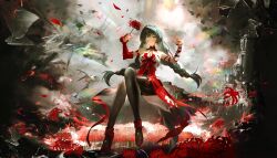 Rule 34 | 1girl, absurdres, bandage over one eye, bandaged arm, bandages, bare shoulders, black pantyhose, blood, bloody tears, braid, breasts, closed mouth, commentary, crossed legs, detached sleeves, dress, earrings, english commentary, flower, full body, grey hair, hands up, highres, holding, holding flower, invisible chair, jewelry, looking at viewer, low twin braids, medium breasts, nail polish, pantyhose, phrolova (wuthering waves), red dress, red eyes, red nails, single detached sleeve, sitting, solo, spider lily, tacet mark (wuthering waves), twin braids, wuthering waves, yirin