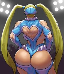 1girl ass ass_cutout audience back_cutout backboob blonde_hair breasts clothing_cutout from_behind hair_pulled_back heart_cutout highres krekkov large_breasts leotard long_hair muscular muscular_arms muscular_back muscular_female rainbow_mika revealing_clothes shoulder_cutout solo stage_lights street_fighter street_fighter_v thick_thighs thighs thong_leotard twintails variant_set very_long_hair wide_hips