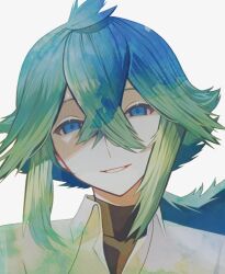 Rule 34 | 1boy, black undershirt, blue eyes, collared shirt, green hair, grin, hair between eyes, highres, long hair, male focus, n (pokemon), nintendo, pokemon, pokemon bw, ponytail, portrait, shirt, smile, undershirt, white background, white shirt, zero (sleepy meltan)