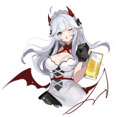 1girl absurdres ahoge alcohol beer beer_mug blue_eyes breasts cropped_legs cup dress fei_(songyijie) grey_hair hair_between_eyes highres holding holding_cup horns indie_virtual_youtuber large_breasts long_hair looking_at_viewer maid_headdress mug one_eye_closed red_horns short_sleeves simple_background solo vei_(vtuber) vei_(vtuber)_(4th_costume) virtual_youtuber white_background wings