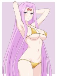 1girl absurdres armpits bikini border breasts cleavage collarbone cowboy_shot dani_(angrymatthew) eyebrows_hidden_by_hair eyes_visible_through_hair facial_mark fate/grand_order fate/stay_night fate_(series) forehead_mark gold_bikini golden_week highres large_breasts long_bangs long_hair looking_at_viewer medusa_(fate) medusa_(rider)_(fate) navel outside_border parted_bangs purple_background purple_eyes purple_hair sideboob smile solo swimsuit teeth thighs underboob very_long_hair white_border