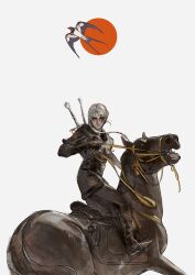 1girl absurdres bird black_pants boots braid ciri from_side full_body green_eyes highres holding holding_reins horse horseback_riding jacket knee_boots long_hair looking_at_viewer pants reins riding rora_(auroradiation) saddle scar scar_across_eye scar_on_face side_braid single_braid smile solo swallow_(bird) the_witcher_(series) the_witcher_4 weapon weapon_on_back white_background white_hair