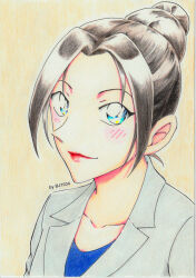 1girl artist_name bj1034_(tosashi) black_hair blue_eyes blue_shirt blush closed_mouth collarbone colored_pencil_(medium) hair_bun hair_up highres jacket looking_at_viewer meitantei_conan portrait shirt single_hair_bun smile solo three_quarter_view traditional_media uehara_yui white_jacket yellow_background