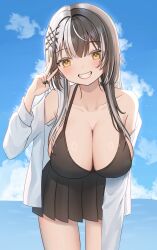 1girl black_dress black_hair black_nails blue_sky blush breasts cleavage commentary day dress grey_hair grin halterneck highres hololive hololive_english huge_breasts jacket leaning_forward litch1801 long_hair looking_at_viewer multicolored_hair outdoors shiori_novella sky smile solo split-color_hair teeth two-tone_hair virtual_youtuber white_jacket yellow_eyes