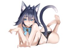 1girl absurdres animal_ear_fluff animal_ears aragiken armpit_crease ass barefoot bell black_bra black_panties blue_bow blue_bowtie blue_eyes blue_hair bow bowtie bra breasts cat_ears cat_girl cat_tail clothing_cutout fanged_bangs feet feet_up full_body furrowed_brow hair_flaps hair_intakes highres hololive hololive_english jingle_bell large_breasts lying neck_bell on_stomach open_mouth ouro_kronii panties short_hair simple_background solo strapless strapless_bra tail tail_through_clothes the_pose underwear underwear_only virtual_youtuber white_background