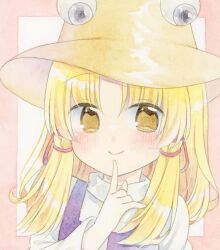 1girl blonde_hair blush brown_hat closed_mouth finger_to_mouth hair_ribbon hand_up hat highres index_finger_raised kagome_f long_hair long_sleeves looking_at_viewer moriya_suwako painting_(medium) parted_bangs portrait purple_vest red_ribbon ribbon shikishi shirt sidelocks smile solo touhou traditional_media tress_ribbon turtleneck turtleneck_shirt vest watercolor_(medium) white_shirt yellow_eyes