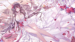 1girl artist_logo artist_name bare_legs bare_shoulders braid breasts bridal_veil brown_hair cleavage collarbone commission detached_sleeves dress flower hair_flower hair_ornament large_breasts logo long_hair original pink_eyes see-through_clothes see-through_sleeves showgirl_skirt solo tiara umehara_sei veil very_long_hair watermark wedding_dress white_dress white_flower