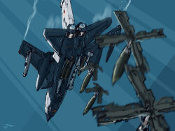Rule 34 | absurdres, aerial bomb, aircraft, airplane, blue sky, bomb, commentary request, contrail, explosive, fighter jet, flying, from below, german flag, highres, kudryavka trop, military, military vehicle, missile, no humans, original, panavia tornado (aircraft), signature, sky, vehicle focus