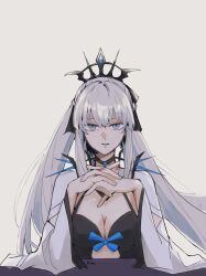 1girl black_bow blue_eyes bow fate/grand_order fate_(series) hair_between_eyes hair_bow highres ki_wa001 long_hair long_sleeves looking_at_viewer morgan_le_fay_(fate) ponytail simple_background solo spikes tiara white_hair wide_sleeves