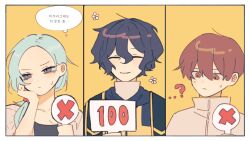 Rule 34 | ...?, 1girl, 2boys, aqua hair, black el, black hair, black jacket, black shirt, border, brown eyes, brown hair, closed eyes, closed mouth, commentary request, enomoto noa, forehead, gold trim, grey eyes, grey jacket, grey shirt, hair between eyes, hair bobbles, hair ornament, happy aura, head on hand, high collar, highres, holding, holding sign, hood, hood down, hooded jacket, jabuchi you, jacket, korean commentary, korean text, low ponytail, multiple boys, open clothes, open jacket, ponytail, saibou shinkyoku, shirt, side ponytail, sign, smile, speech bubble, stole, sweat, thought bubble, translation request, utsugi noriyuki, white border, x, yellow background